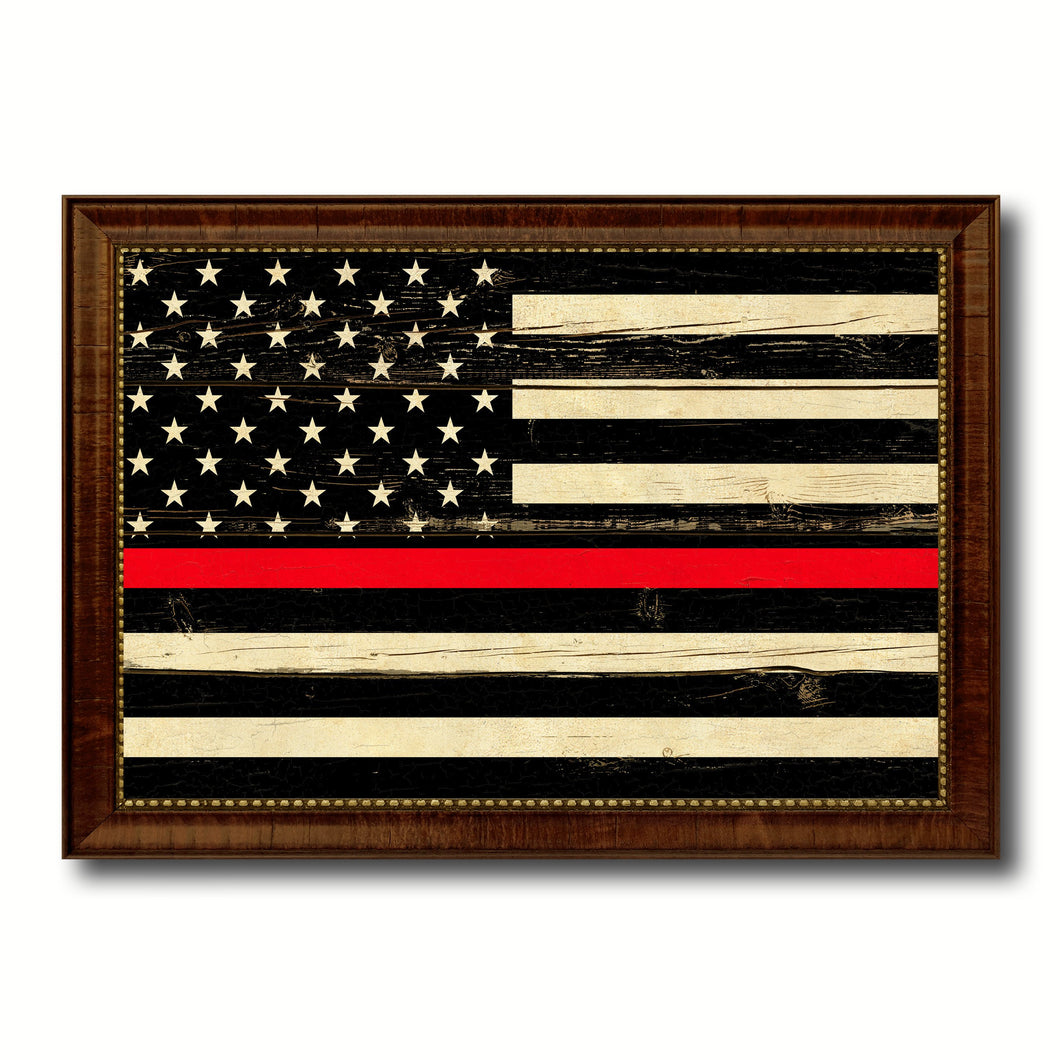 Thin Red Line Honoring our Men and Women of Law Enforcement American USA Flag Vintage Canvas Print with Brown Picture Frame Gifts Ideas Home Decor Wall Art Decoration