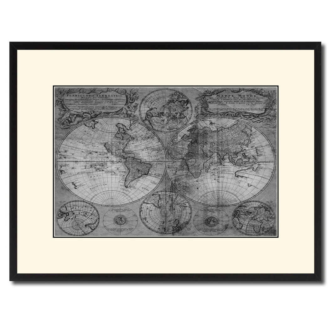 World Vintage B&W Map Canvas Print, Picture Frame Home Decor Wall Art Gift Ideas