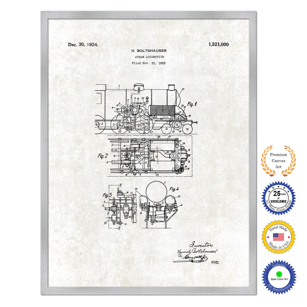 1924 Steam Locomotive Old Patent Art Print on Canvas Custom Framed Vintage Home Decor Wall Decoration Great for Gifts