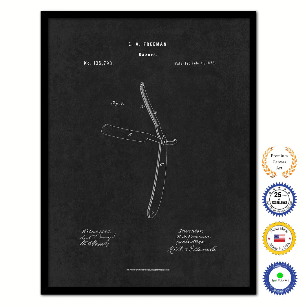1873 Barber Razors Vintage Patent Artwork Black Framed Canvas Home Office Decor Great Gift for Barber Salon Barber