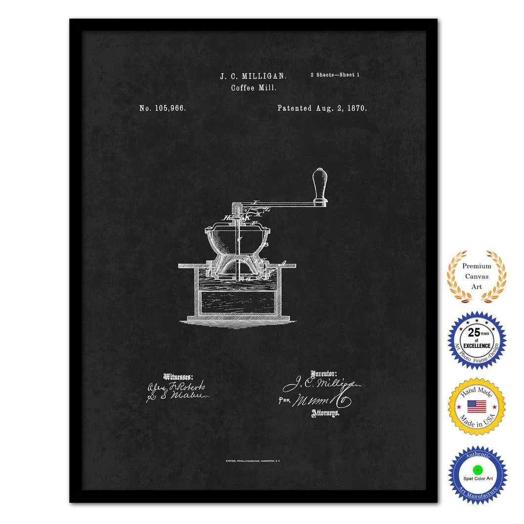 1870 Coffee Mill Grinder Vintage Patent Artwork Black Framed Canvas Home Office Decor Great for Coffee Spice Lover Cafe Shop
