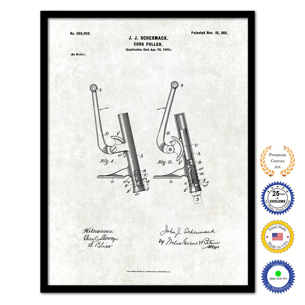 1901 Cork Puller Old Patent Art Print on Canvas Custom Framed Vintage Home Decor Wall Decoration Great for Gifts