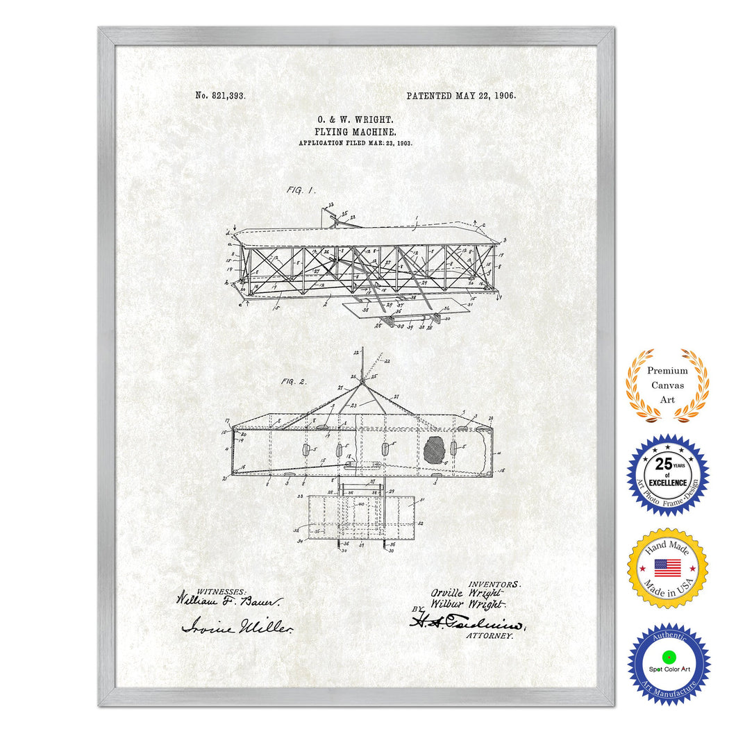 1906 Flying Machine Antique Patent Artwork Silver Framed Canvas Print Home Office Decor Great for Pilot Gift