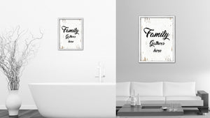 Family Gathers Here Vintage Saying Gifts Home Decor Wall Art Canvas Print with Custom Picture Frame