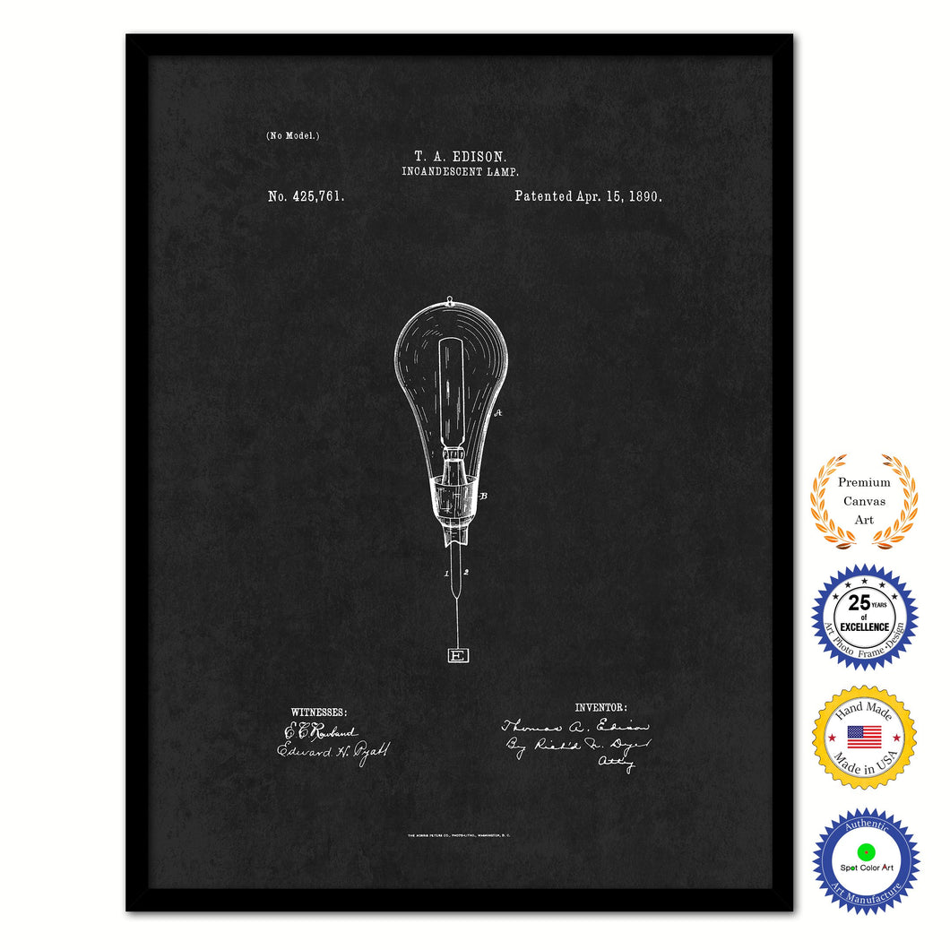 1890 Thomas Edison Incandescent Lamp Vintage Patent Artwork Black Framed Canvas Home Office Decor Great for Thomas Edison Lover Electrician Inventor