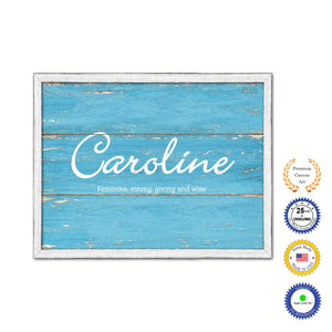 Caroline Name Plate White Wash Wood Frame Canvas Print Boutique Cottage Decor Shabby Chic