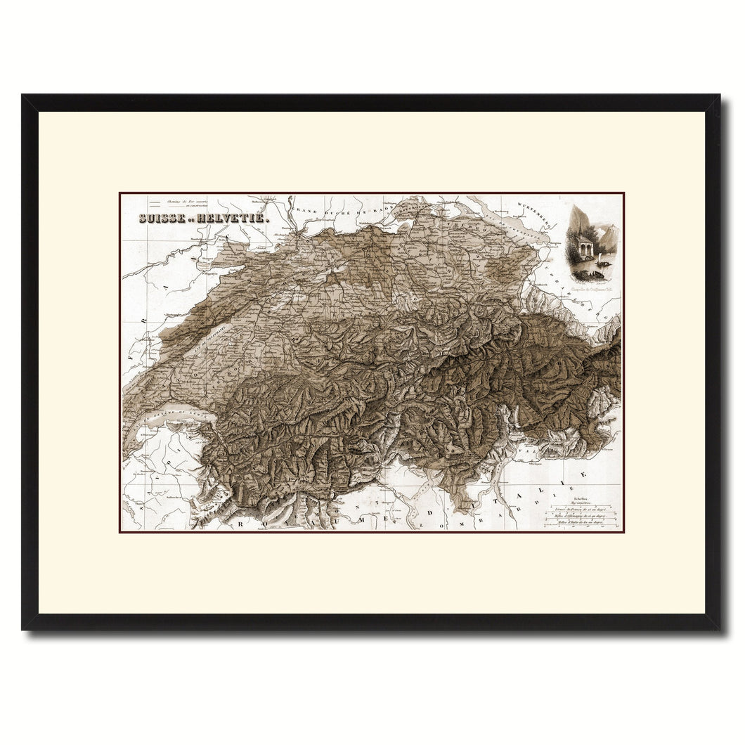 Switzerland Vintage Sepia Map Canvas Print, Picture Frame Gifts Home Decor Wall Art Decoration