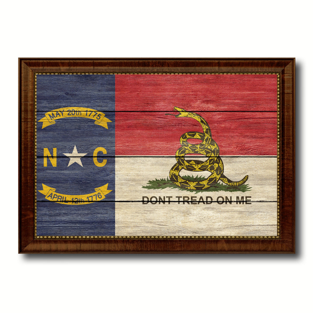 Gadsden Don't Tread On Me North Carolina State Military Flag Texture Canvas Print with Brown Picture Frame Home Decor Wall Art Gifts