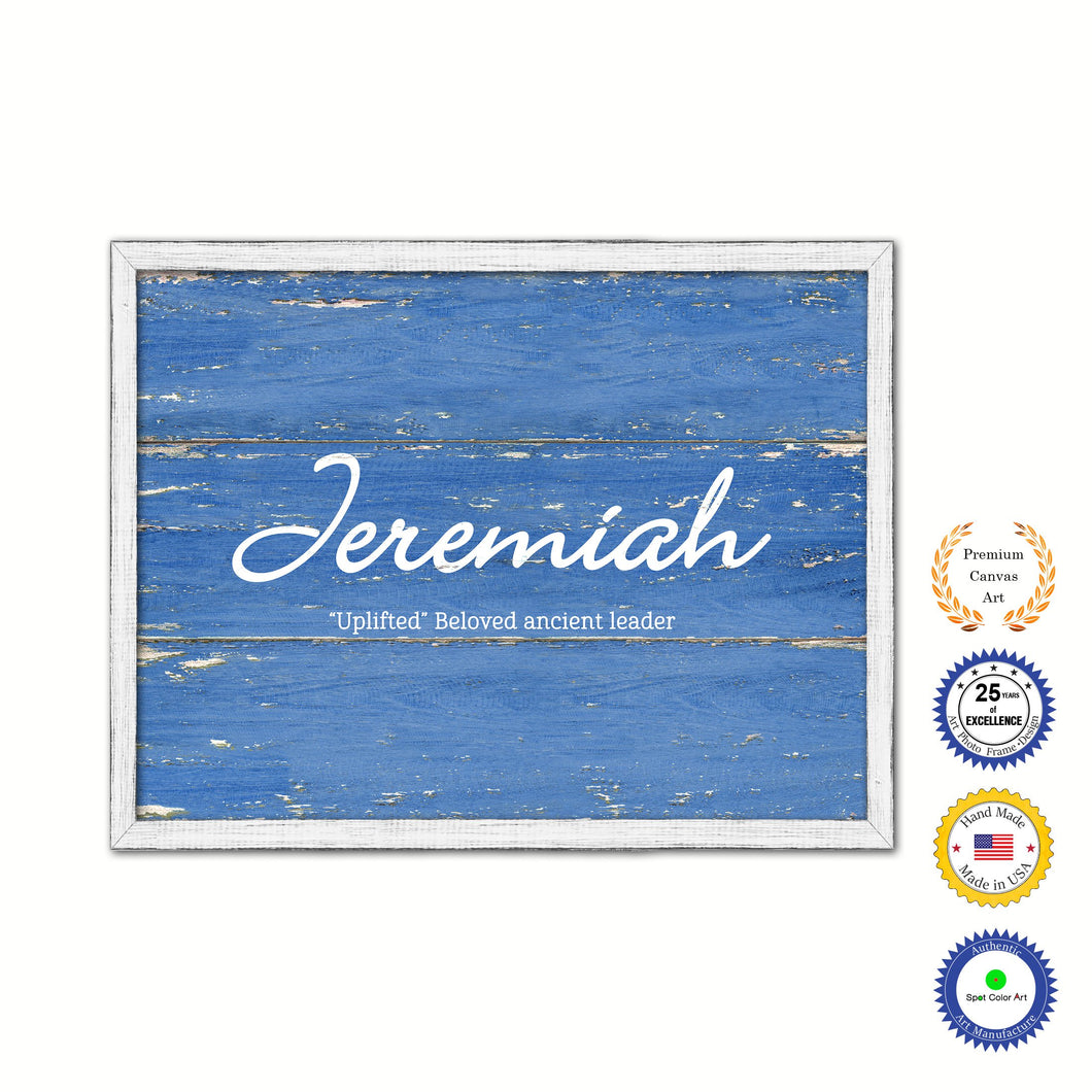 Jeremiah Name Plate White Wash Wood Frame Canvas Print Boutique Cottage Decor Shabby Chic