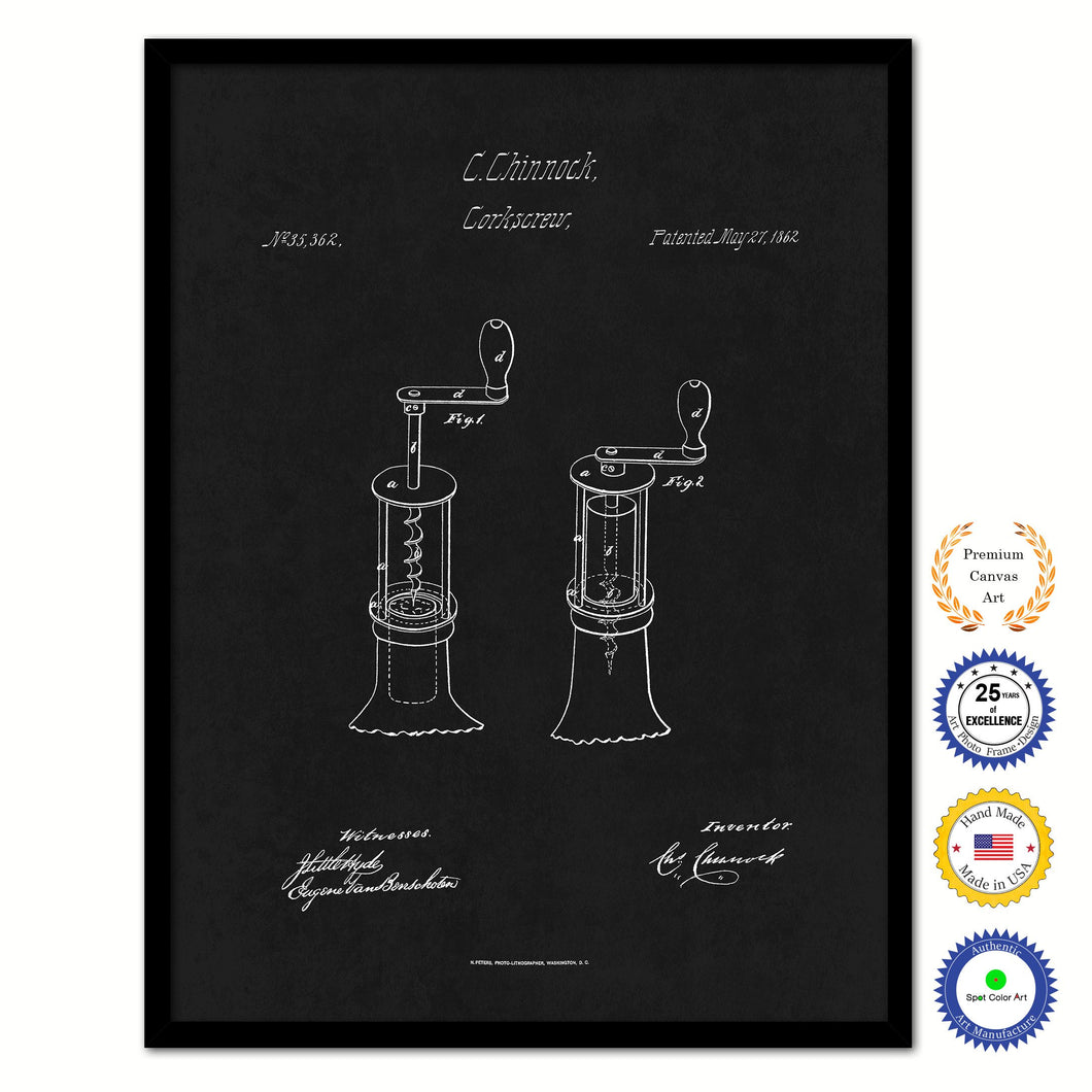 1862 Wine Corkscrew Old Patent Art Print on Canvas Custom Framed Vintage Home Decor Wall Decoration Great for Gifts
