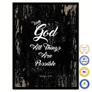 With God All Things Are Possible - Matthew 19:26 Bible Verse Scripture Quote Black Canvas Print with Picture Frame