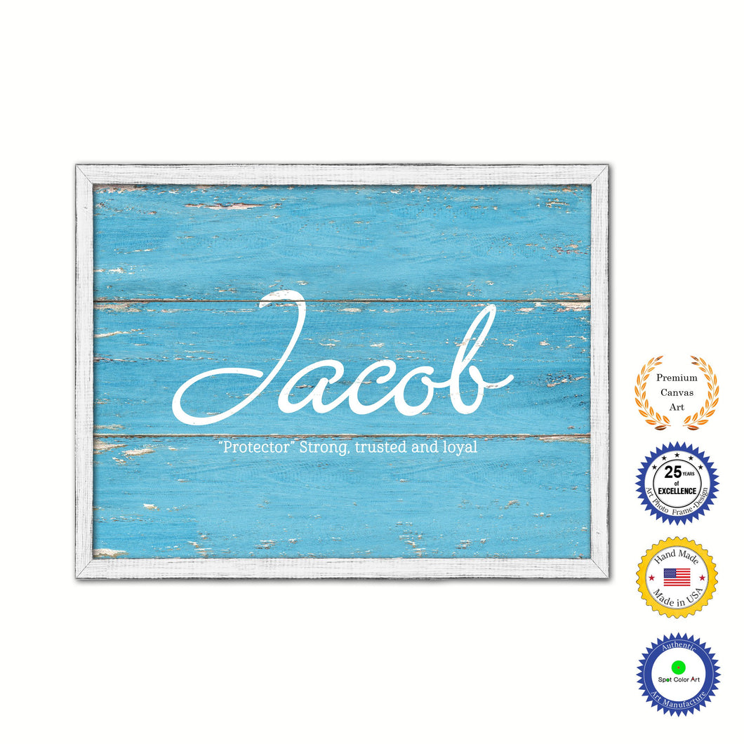 Jacob Name Plate White Wash Wood Frame Canvas Print Boutique Cottage Decor Shabby Chic