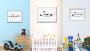 James Name Plate White Wash Wood Frame Canvas Print Boutique Cottage Decor Shabby Chic