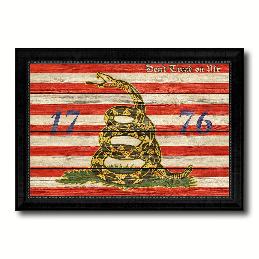 First Navy Jack Don't Tread On Me 1776 Tea Party Military Flag Texture Canvas Print with Black Picture Frame Gift Ideas Home Decor Wall Art