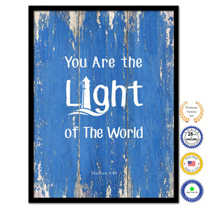 You Are the Light of The World - Matthew 5:14 Bible Verse Scripture Quote Blue Canvas Print with Picture Frame