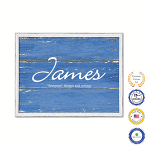 James Name Plate White Wash Wood Frame Canvas Print Boutique Cottage Decor Shabby Chic