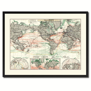 World Ocean Currents Vintage Antique Map Wall Art Home Decor Gift Ideas Canvas Print Custom Picture Frame