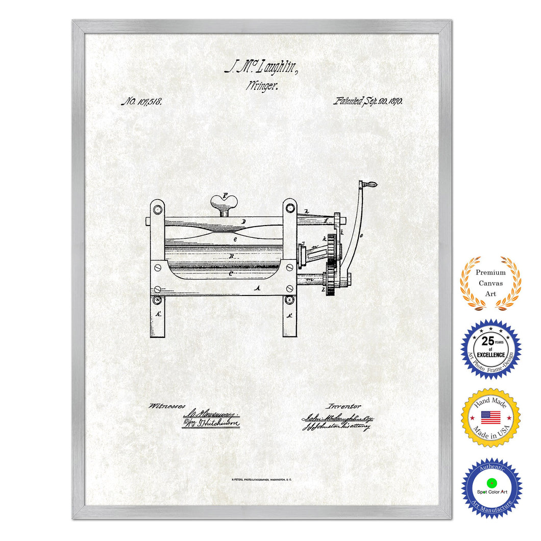 1870 Wringer Old Patent Art Print on Canvas Custom Framed Vintage Home Decor Wall Decoration Great for Gifts