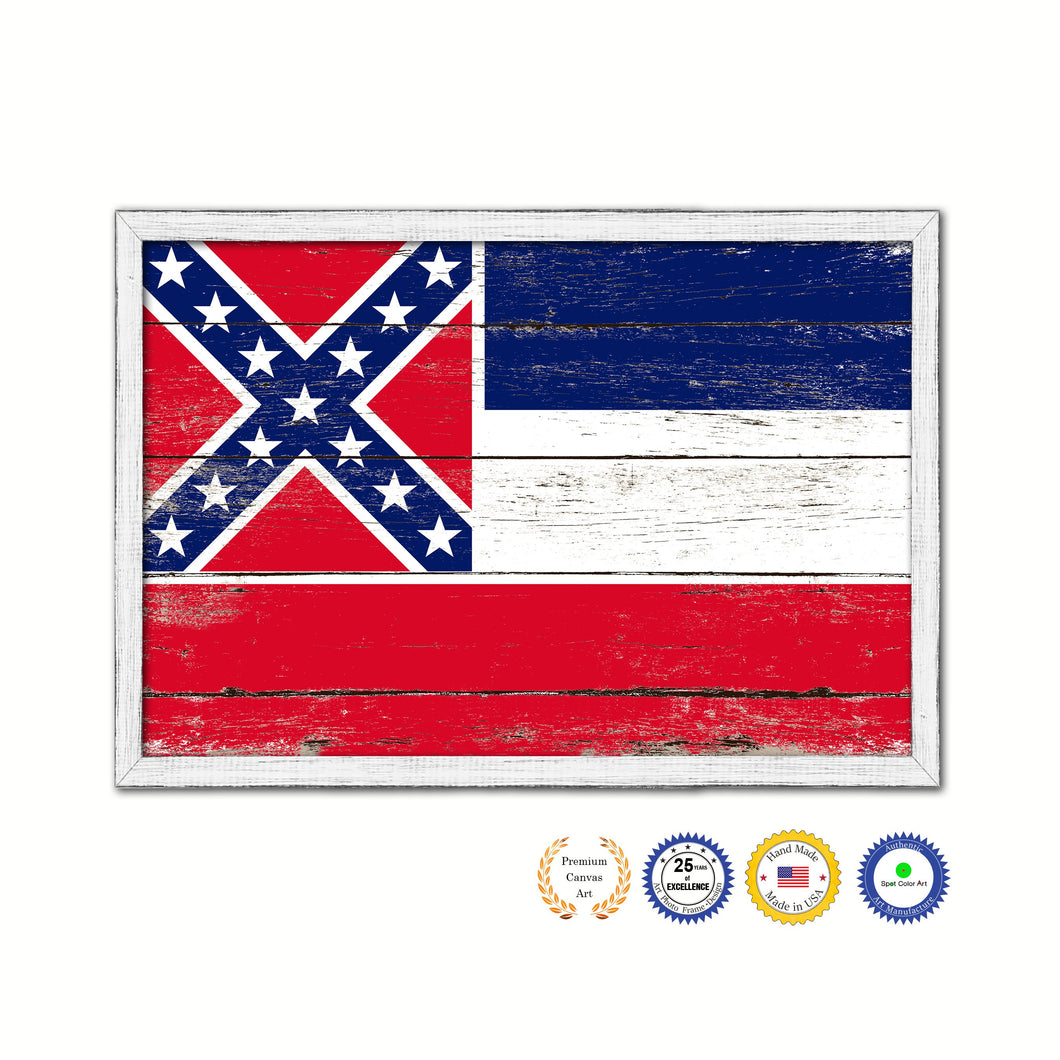 Mississippi State Flag Shabby Chic Gifts Home Decor Wall Art Canvas Print, White Wash Wood Frame