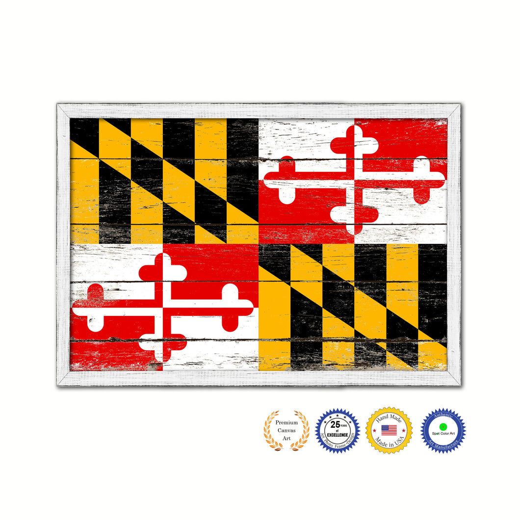 Maryland State Flag Shabby Chic Gifts Home Decor Wall Art Canvas Print, White Wash Wood Frame