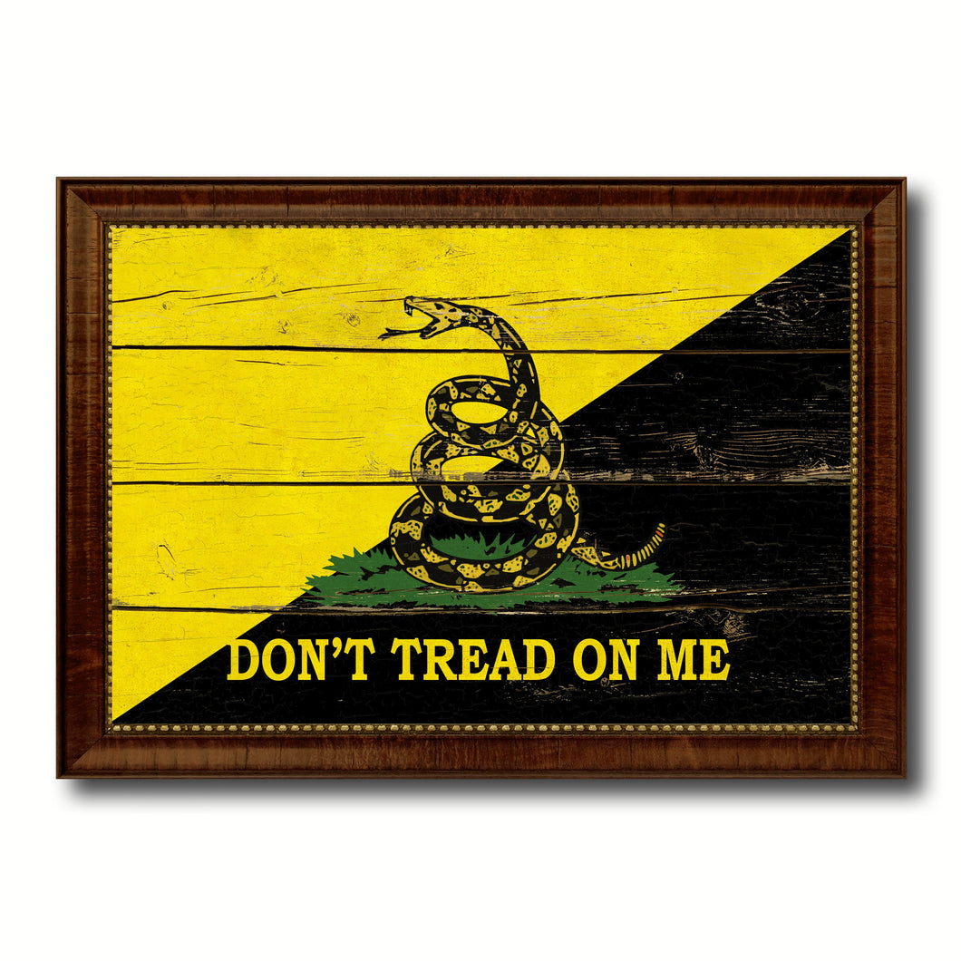 Gadsden Don't Tread on Me Military Flag Vintage Canvas Print with Brown Picture Frame Gifts Ideas Home Decor Wall Art Decoration