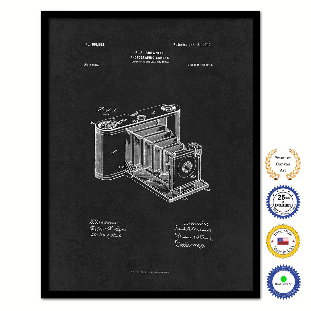1902 Photographic Camera Vintage Patent Artwork Black Framed Canvas Home Office Decor Great Gift for Photographer