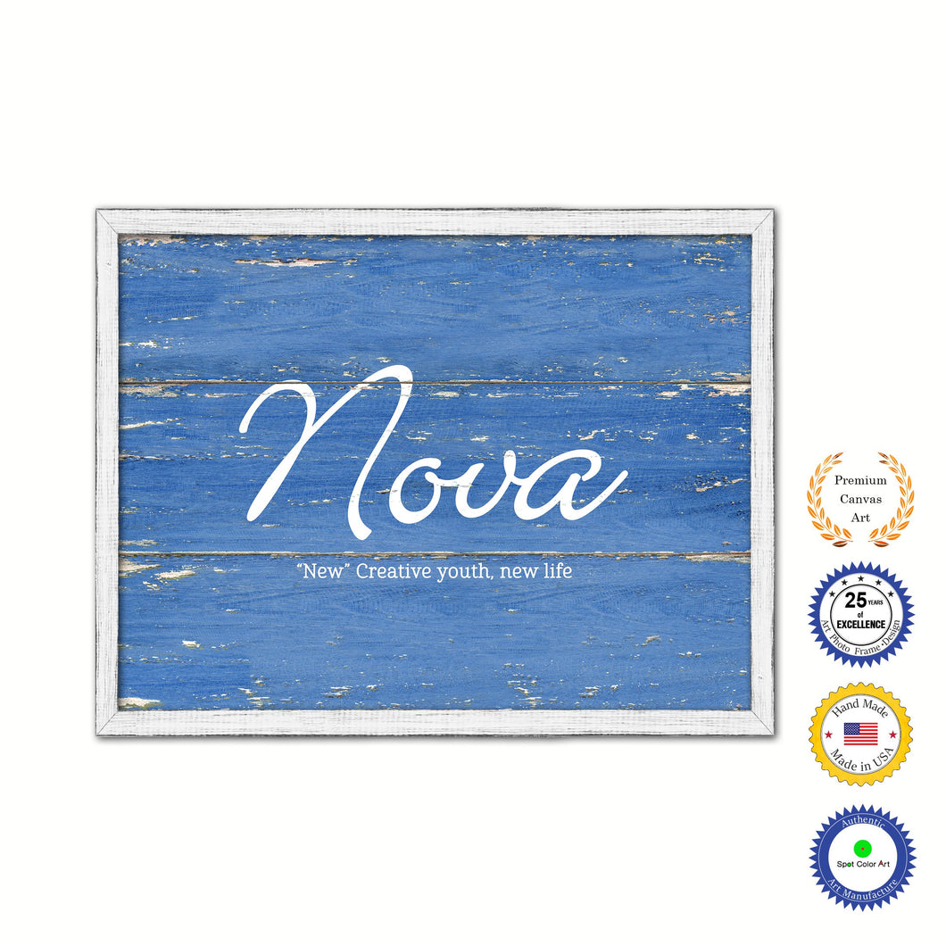 Nova Name Plate White Wash Wood Frame Canvas Print Boutique Cottage Decor Shabby Chic