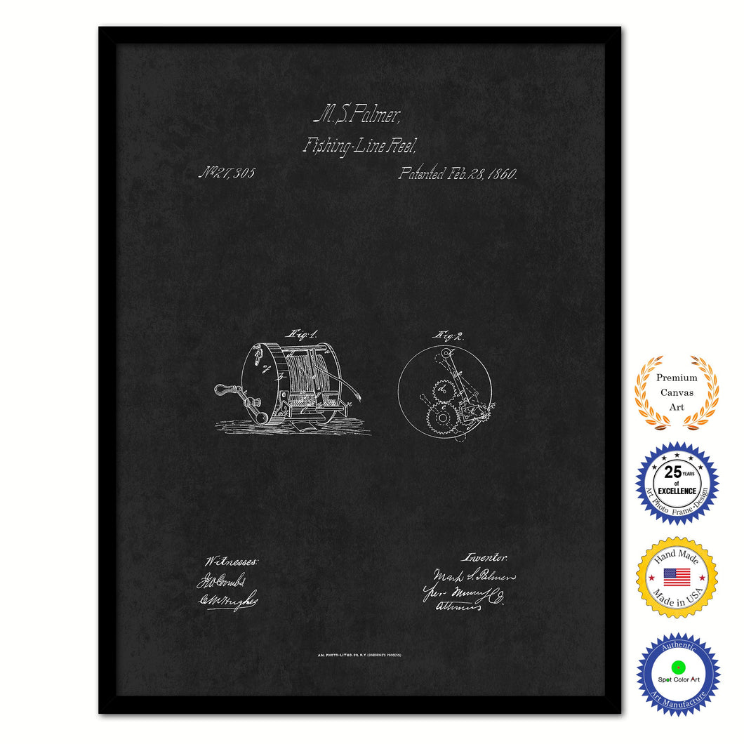 1860 Fishing Line Reel Vintage Patent Artwork Black Framed Canvas Home Office Decor Great for Fisherman Cabin Lake House
