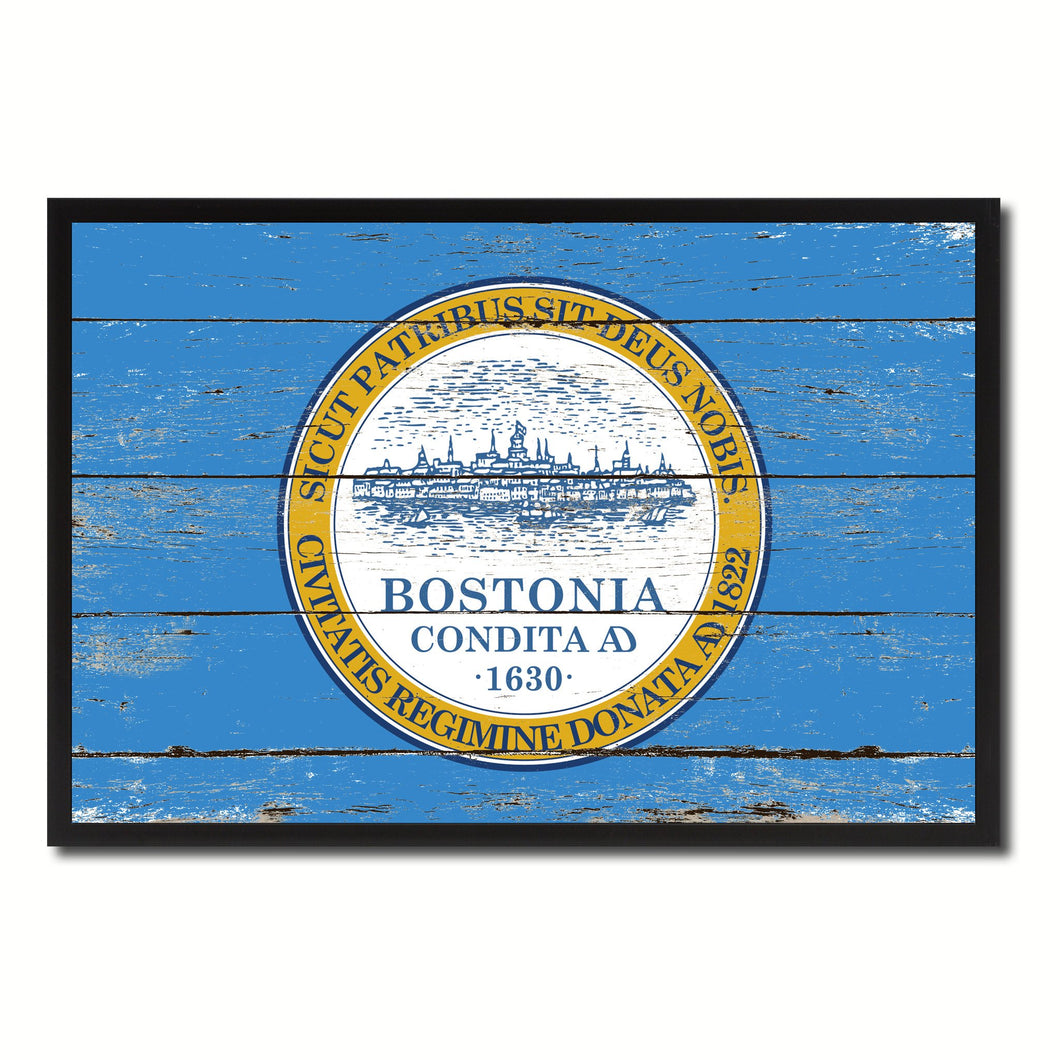 Boston City Massachusetts State Flag Vintage Canvas Print with Black Picture Frame Home Decor Wall Art Collectible Decoration Artwork Gifts