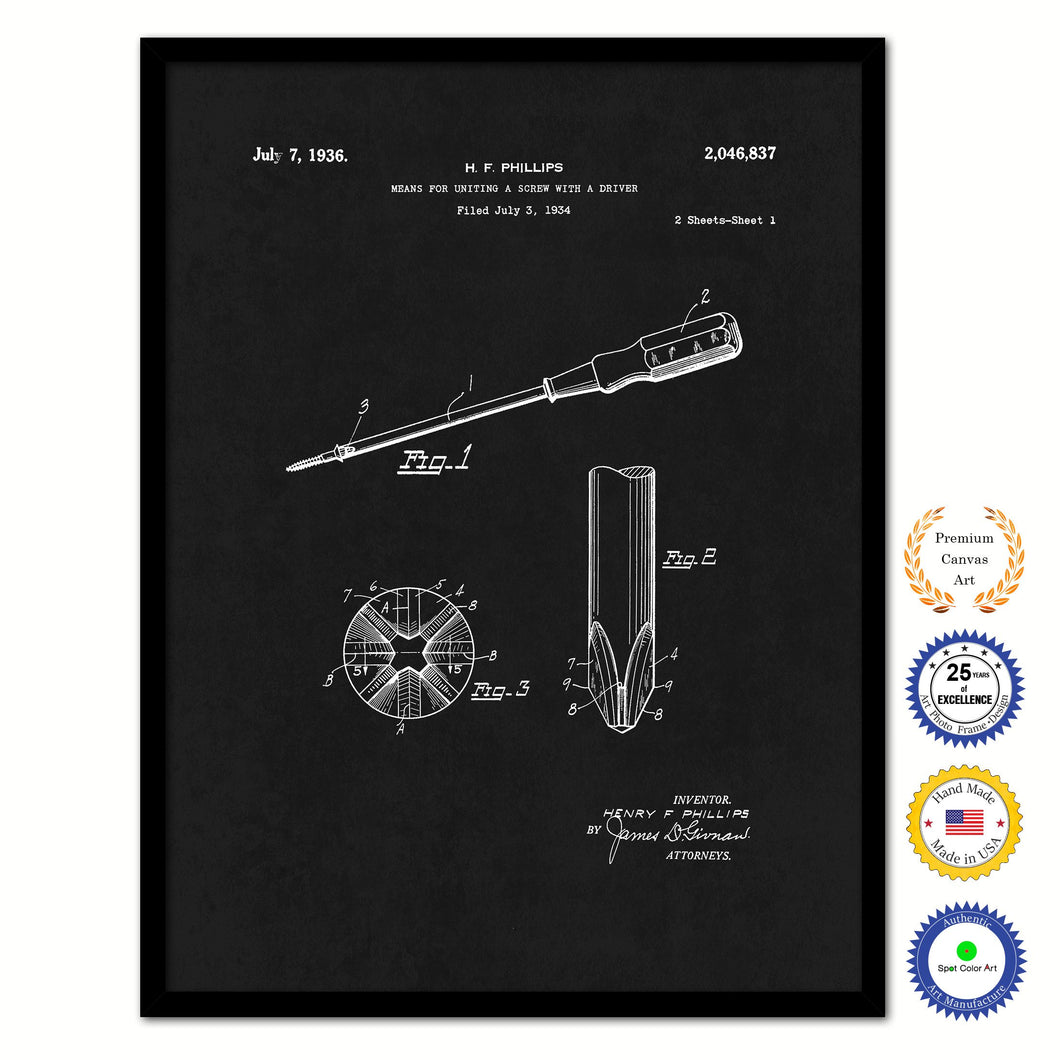 1936 Screwdriver with Driver Old Patent Art Print on Canvas Custom Framed Vintage Home Decor Wall Decoration Great for Gifts