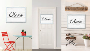 Olivia Name Plate White Wash Wood Frame Canvas Print Boutique Cottage Decor Shabby Chic