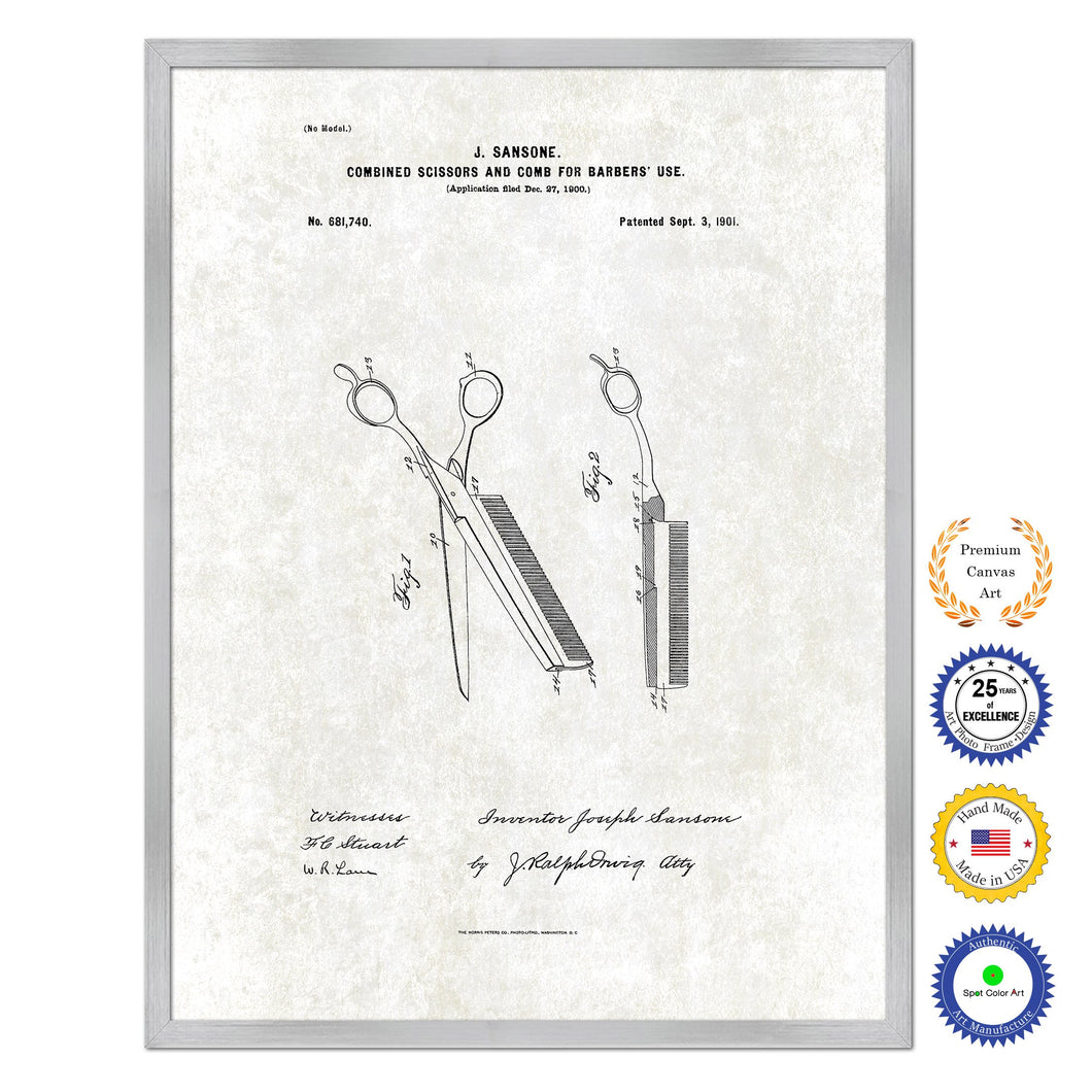 1901 Combined Scissors and Comb for Barbers Use Antique Patent Artwork Silver Framed Canvas Print Home Office Decor Great Gift for Barber Salon Hair Stylist