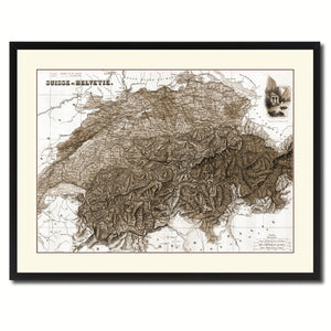 Switzerland Vintage Sepia Map Canvas Print, Picture Frame Gifts Home Decor Wall Art Decoration