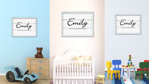 Emily Name Plate White Wash Wood Frame Canvas Print Boutique Cottage Decor Shabby Chic
