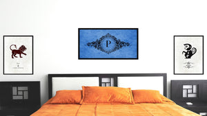 Alphabet Letter P Blue Canvas Print, Black Custom Frame