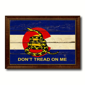 Gadsden Don't Tread On Me Colorado State Military Flag Vintage Canvas Print with Brown Picture Frame Gifts Ideas Home Decor Wall Art Decoration