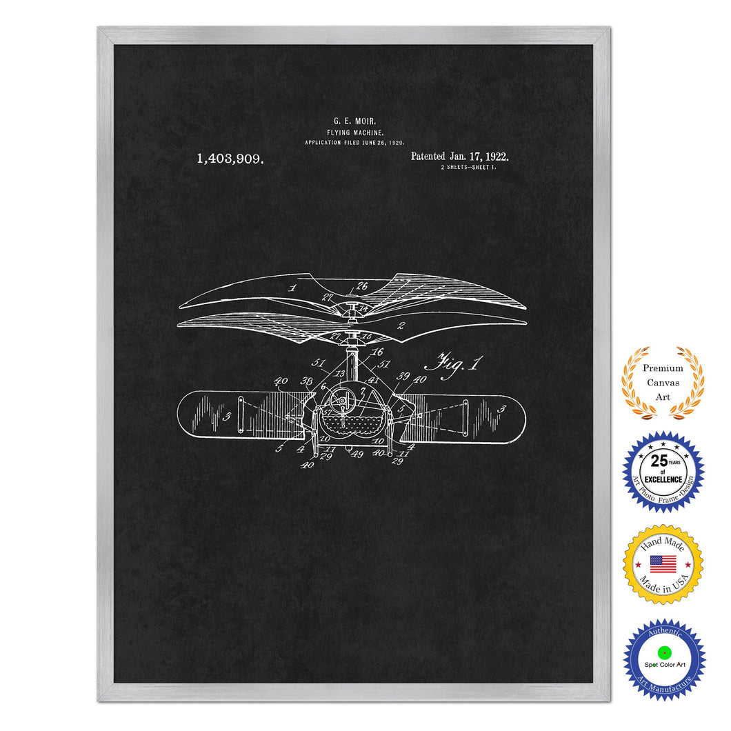1922 Flying Machine Antique Patent Artwork Silver Framed Canvas Home Office Decor Great for Pilot Gift