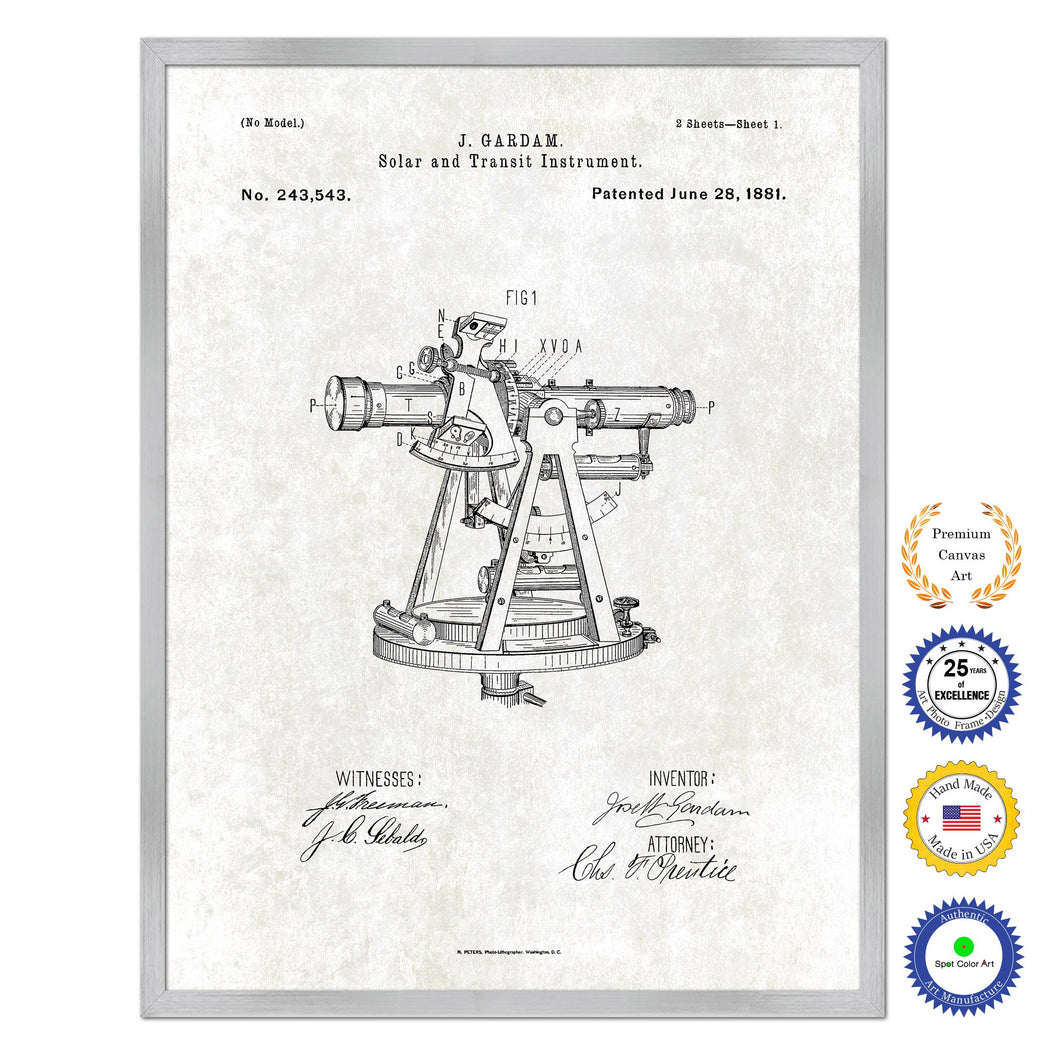 1881 Solar and transit instrument Old Patent Art Print on Canvas Custom Framed Vintage Home Decor Wall Decoration Great for Gifts
