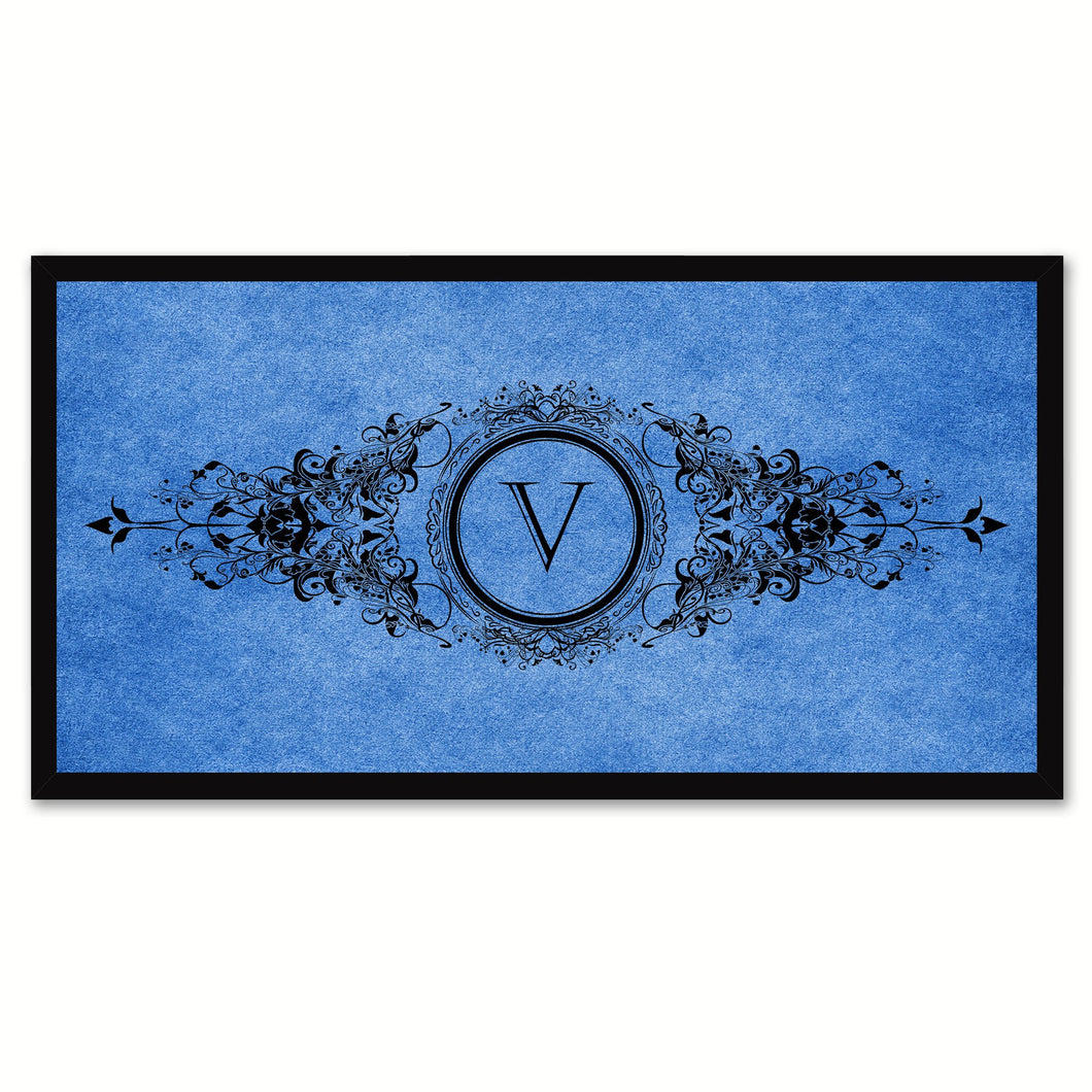 Alphabet Letter V Blue Canvas Print, Black Custom Frame