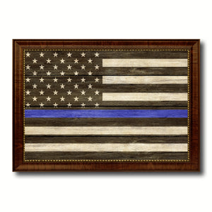 Thin Blue Line Honoring our Men and Women of Law Enforcement American Police USA Flag Texture Canvas Print with Brown Picture Frame Home Decor Wall Art Gifts