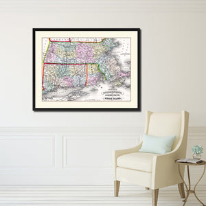 Massachusetts Connecticut Rhode Island Vintage Antique Map Wall Art Home Decor Gift Ideas Canvas Print Custom Picture Frame