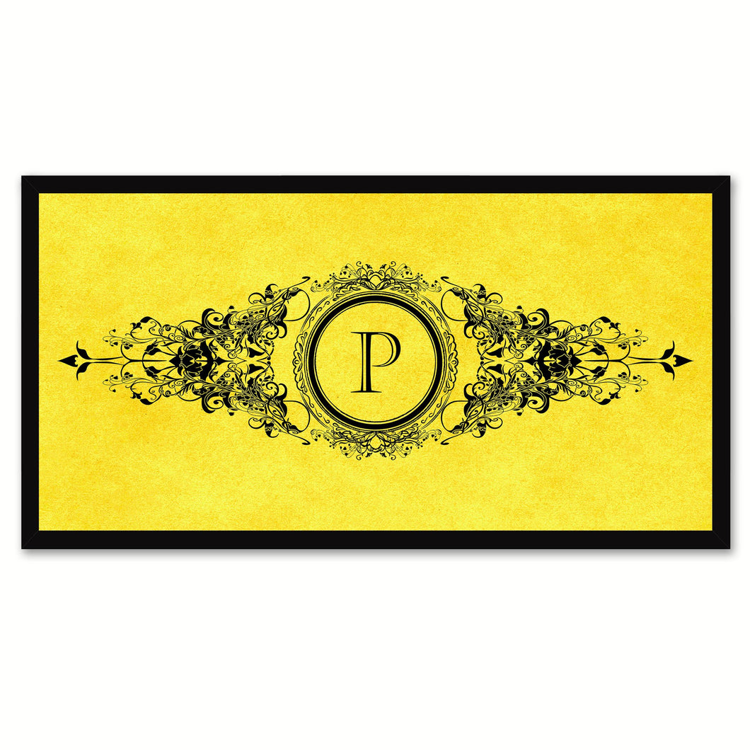 Alphabet Letter P Yellow Canvas Print, Black Custom Frame