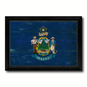 Maine State Vintage Flag Canvas Print with Black Picture Frame Home Decor Man Cave Wall Art Collectible Decoration Artwork Gifts