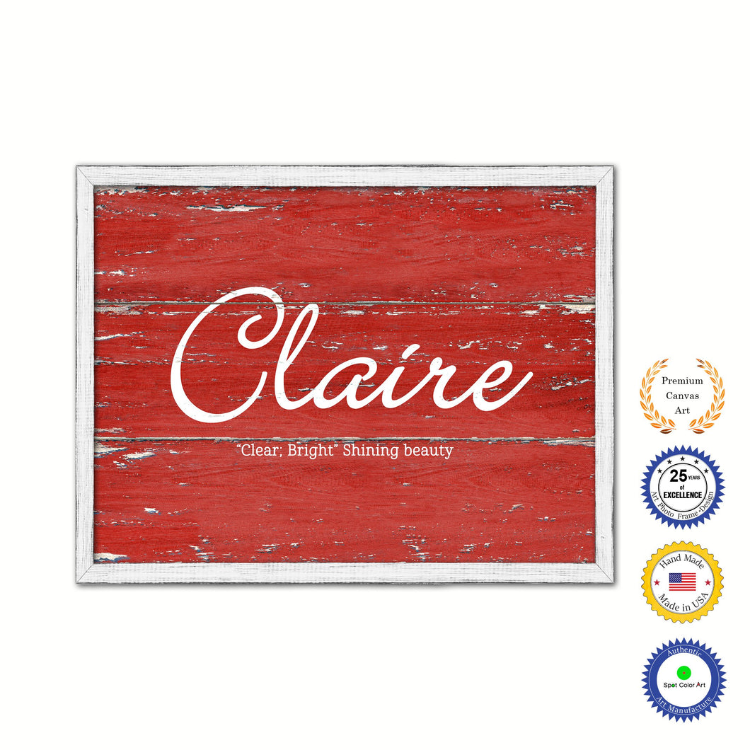 Claire Name Plate White Wash Wood Frame Canvas Print Boutique Cottage Decor Shabby Chic
