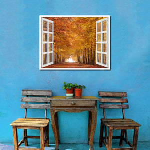 Autumn Trees Red Leaves Picture French Window Framed Canvas Print Home Decor Wall Art Collection