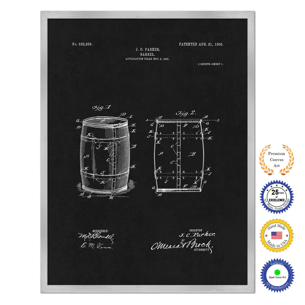 1906 Parker Wine Barrel Old Patent Art Print on Canvas Custom Framed Vintage Home Decor Wall Decoration Great for Gifts