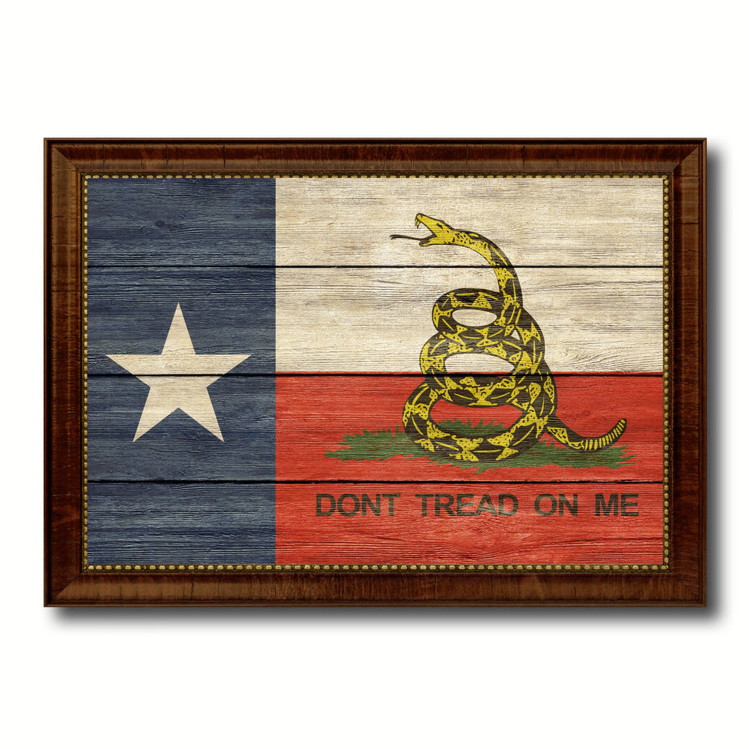 Gadsden Don't Tread On Me Texas State Military Flag Texture Canvas Print with Brown Picture Frame Home Decor Wall Art Gifts