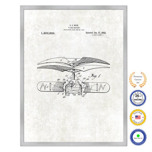 1922 Flying Machine Antique Patent Artwork Silver Framed Canvas Print Home Office Decor Great for Pilot Gift