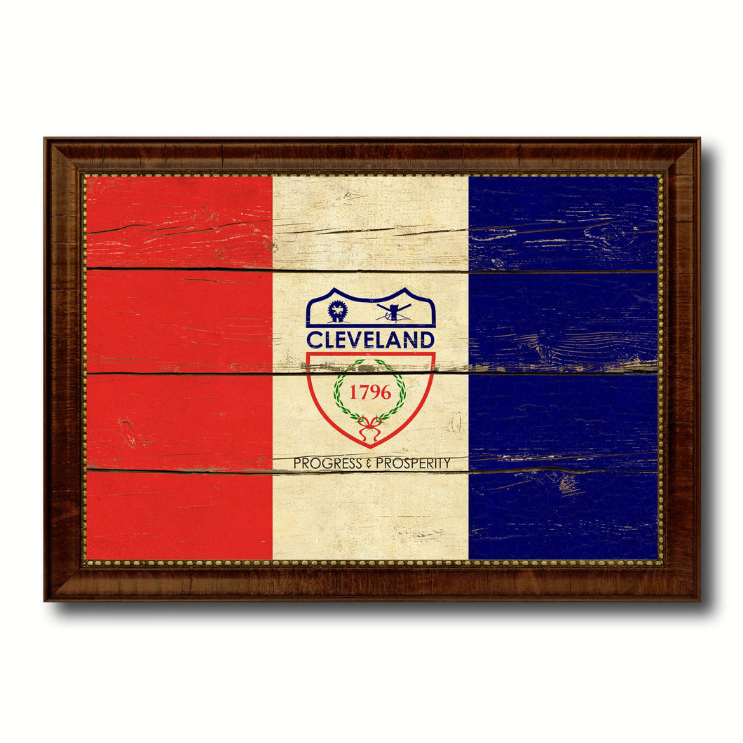 Cleveland City Ohio State Vintage Flag Canvas Print Brown Picture Frame