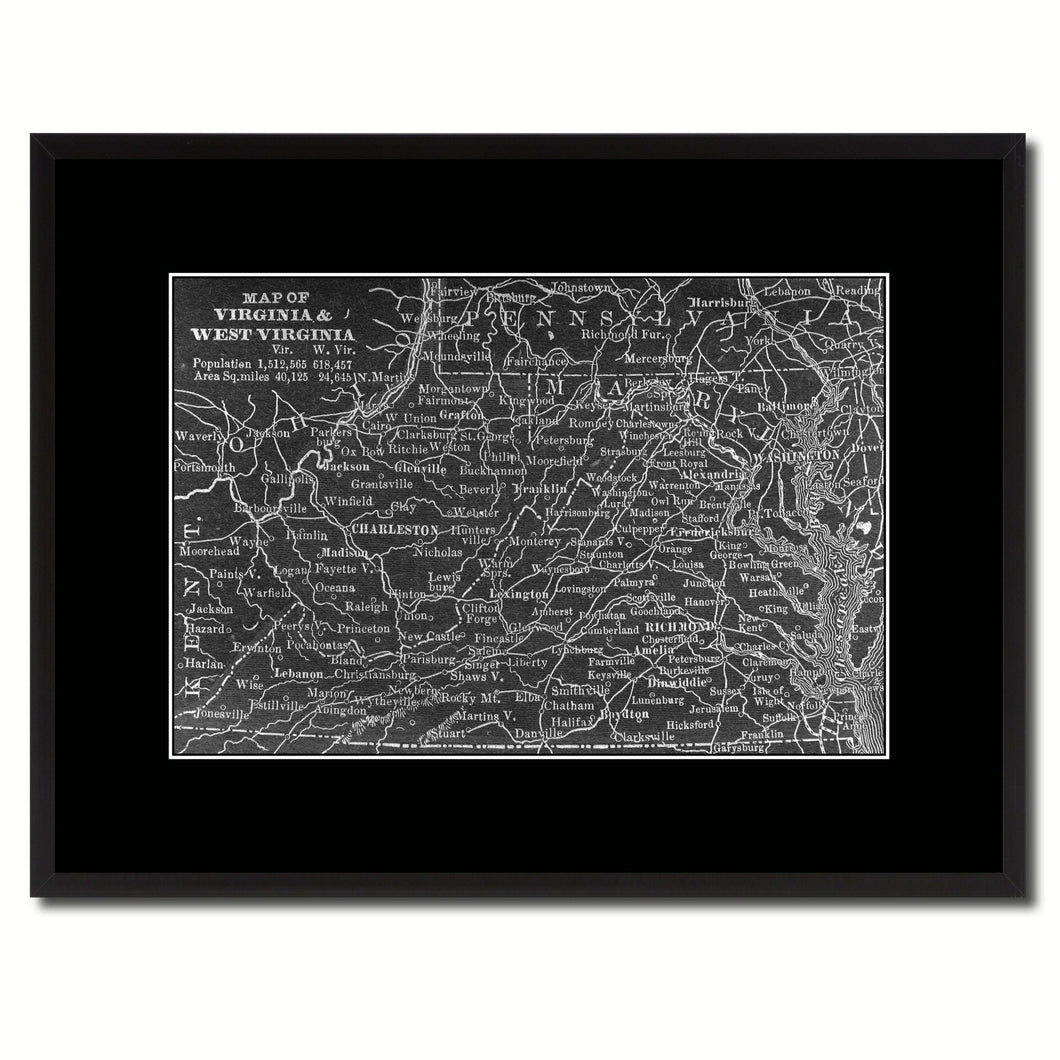 West Virginia Vintage Monochrome Map Canvas Print, Gifts Picture Frames Home Decor Wall Art